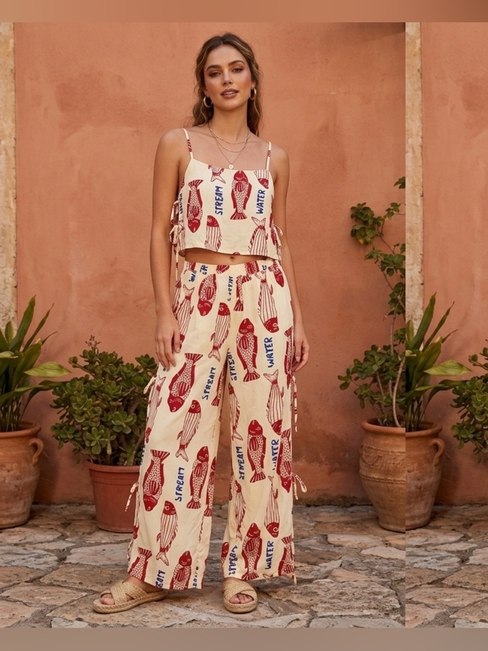 Two-Piece Fish Print Pants & Tank Top Set Cream Red Blue XL New